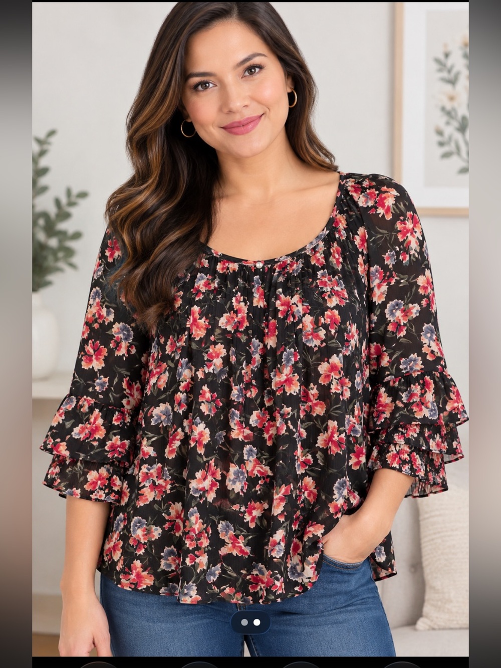 GAP Floral Ruffle-Sleeve Scoop Neck Top Blue & Pink Floral